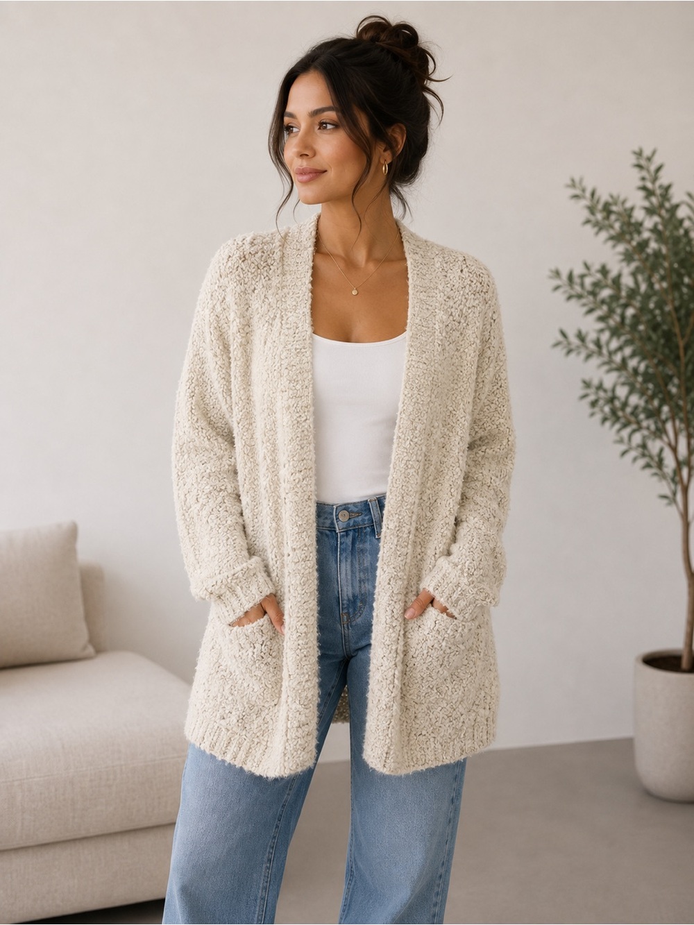 aerie Cream Bouclé Open-Front Cardigan